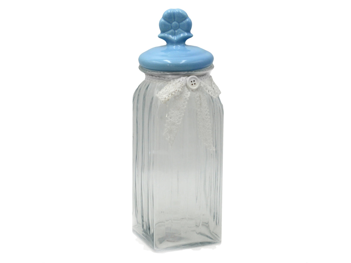 Barattolo quadrato in vetro con tappo in ceramica azzurro 9,5x9,5xh.30cm $
