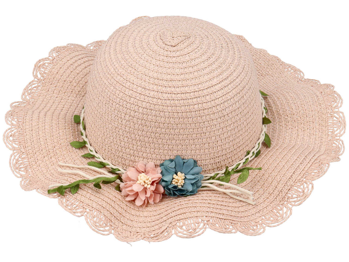 Cappello mare bambina in paglia artificiale colori assortiti con foglie e fiori - Vacchetti
