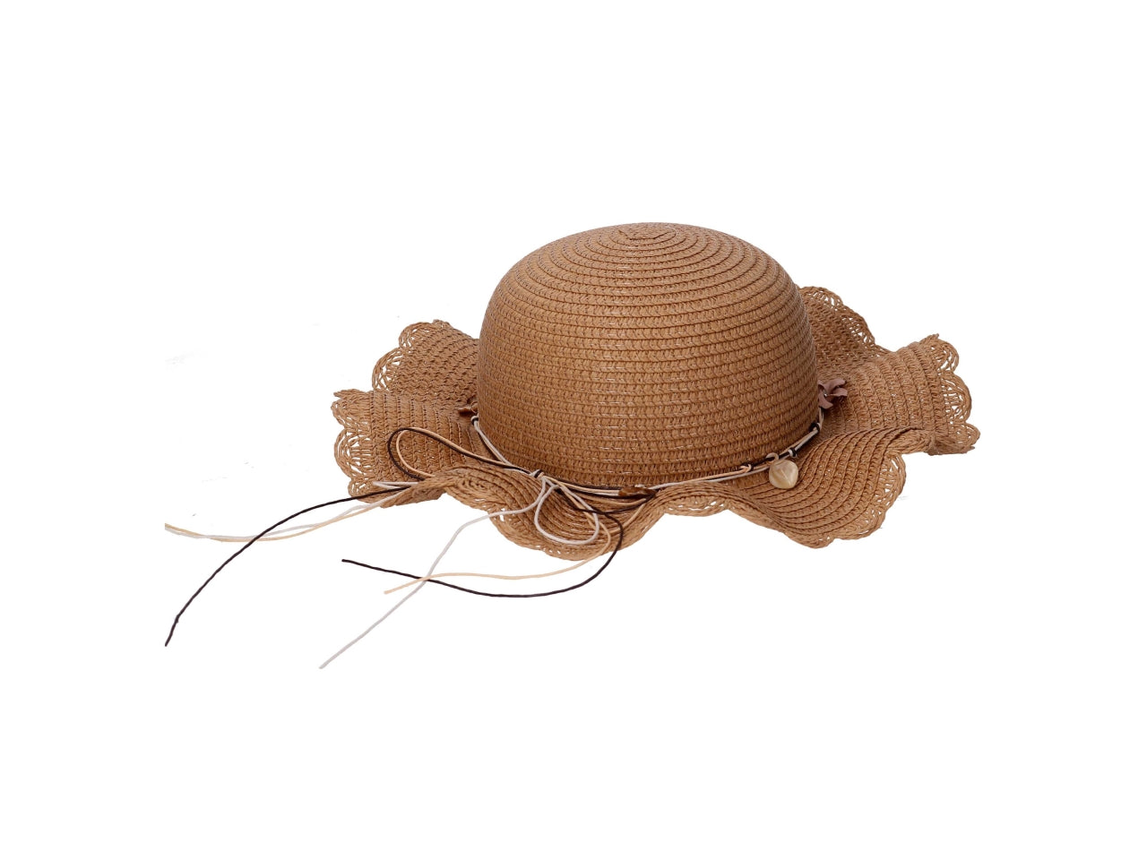 Cappello mare bambina in paglia artificiale rosa cipria con fiocco e fiori, regolabile con elastico - d.31xh.10 cm - Vacchetti