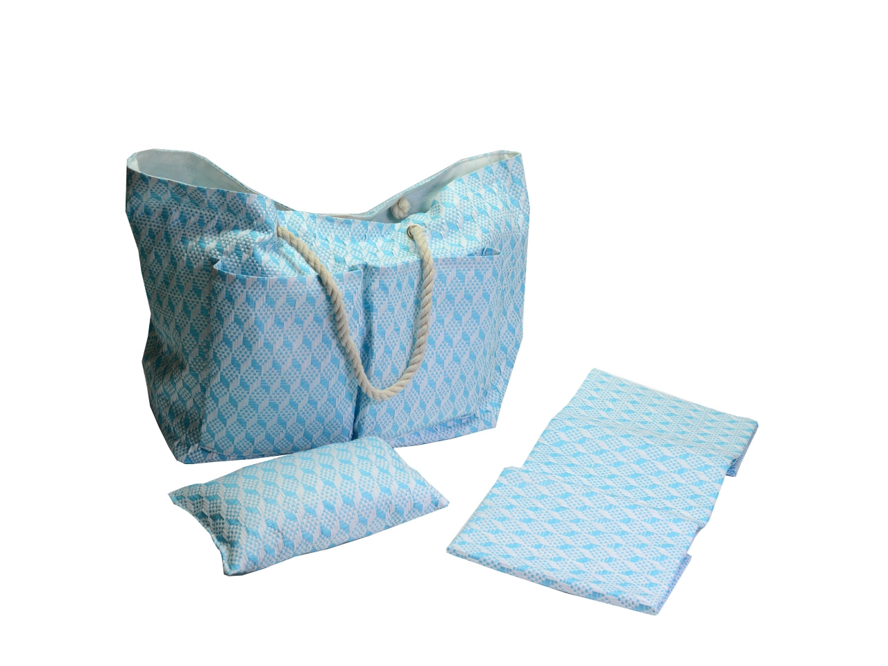 Borsa da spiaggia da donna in tessuto intrecciato, paglia e cotone, turchese con cuscino e materassino inclusi, mini tasca laterale interna con cerniera, chiusura con clip - 62x22xh.40cm - Vacchetti