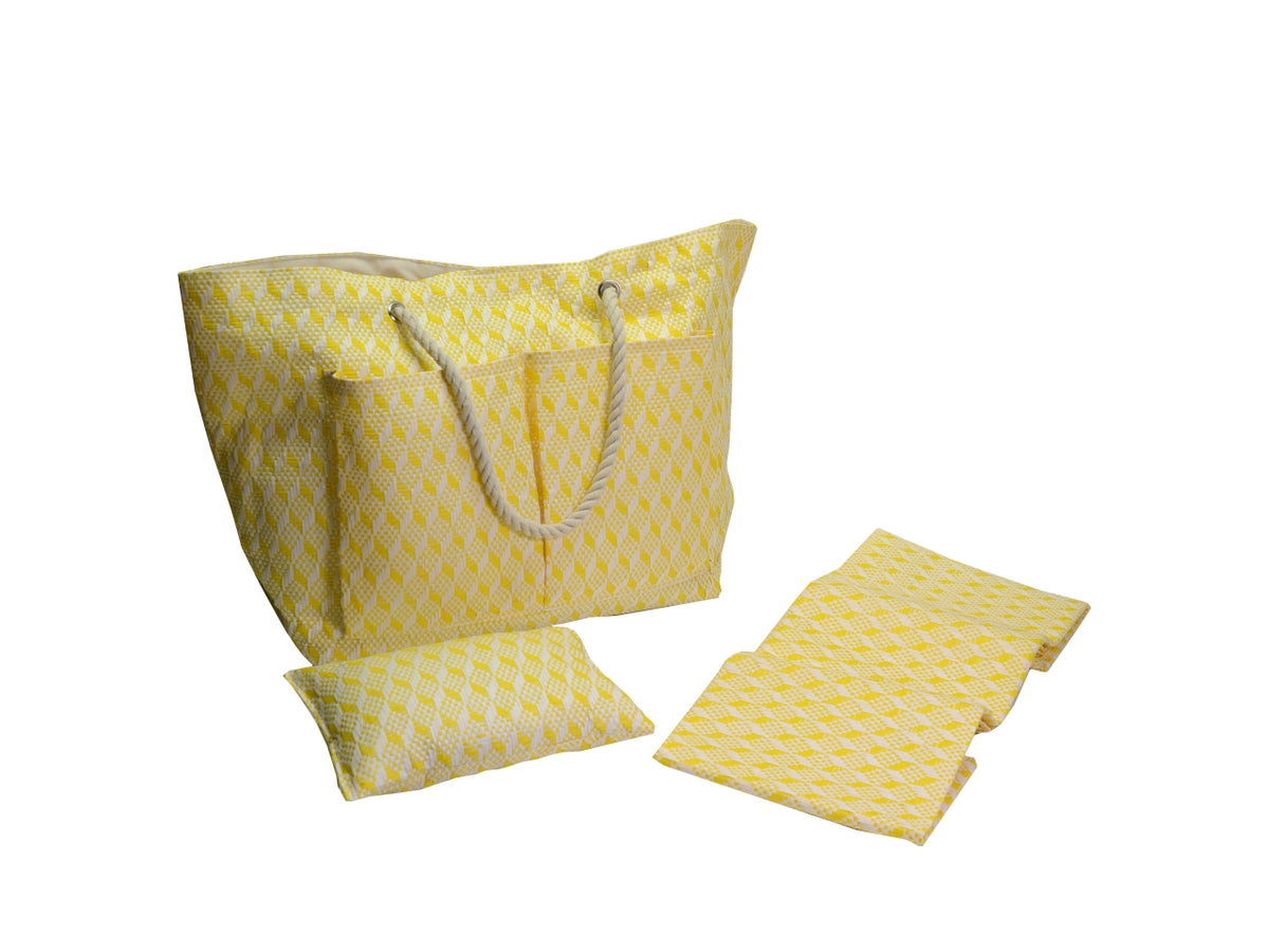 Borsa da spiaggia da donna in tessuto intrecciato , paglia e cotone, gialla con cuscino e materassino inclusi, mini tasca laterale interna con cerniera, chiusura con clip - 62x22xh.40cm - Vacchetti