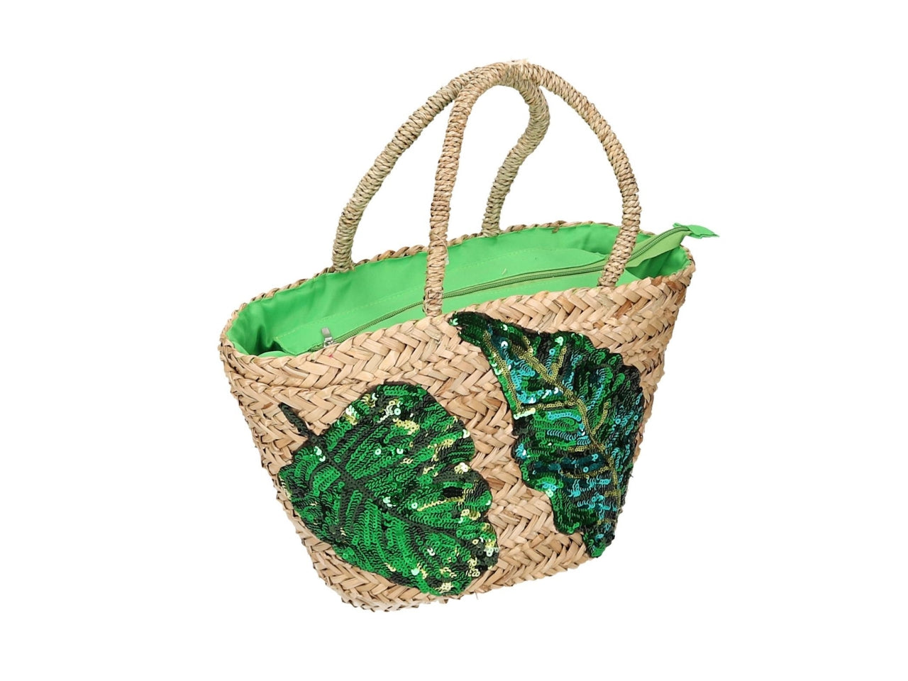 Borsa paglia con paillettes foglie 47x18xh.23cm $