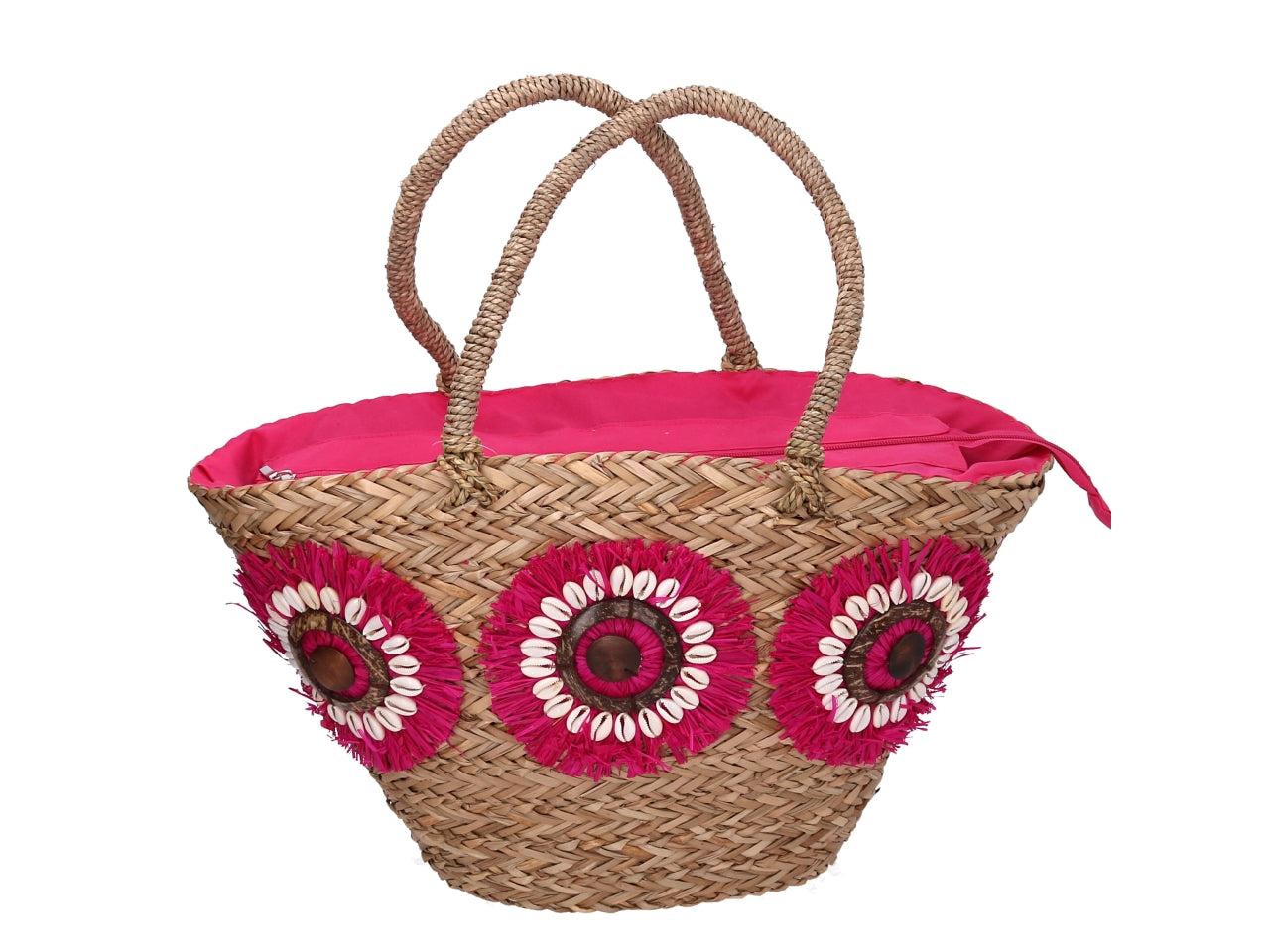Borsa paglia naturale con fiori fucsia 60x16xh.26/30cm $