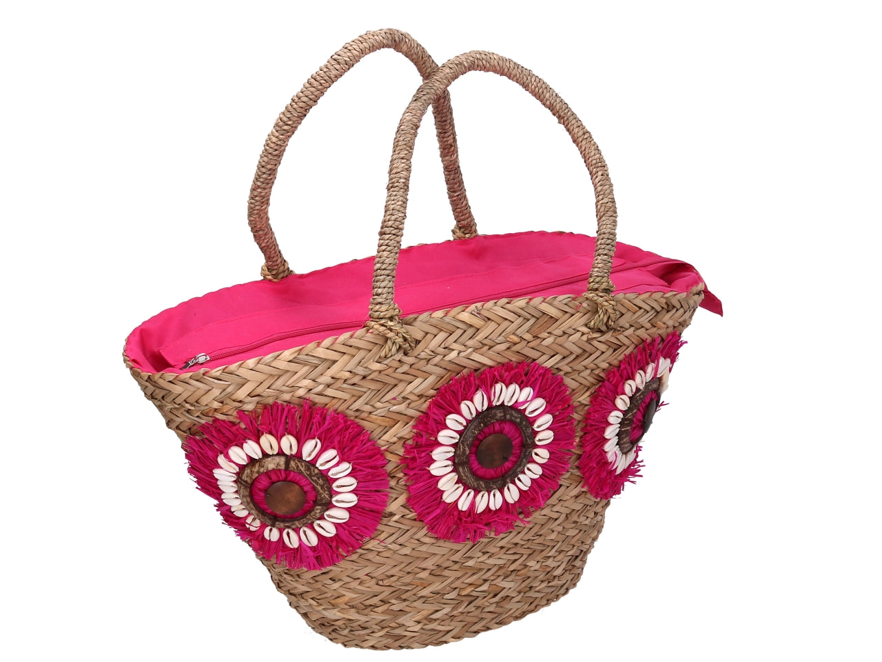 Borsa paglia naturale con fiori fucsia 60x16xh.26/30cm $