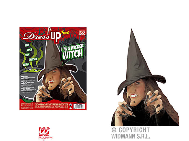 Set da strega - il set comprende cappello, naso, mento, dentiera e unghie