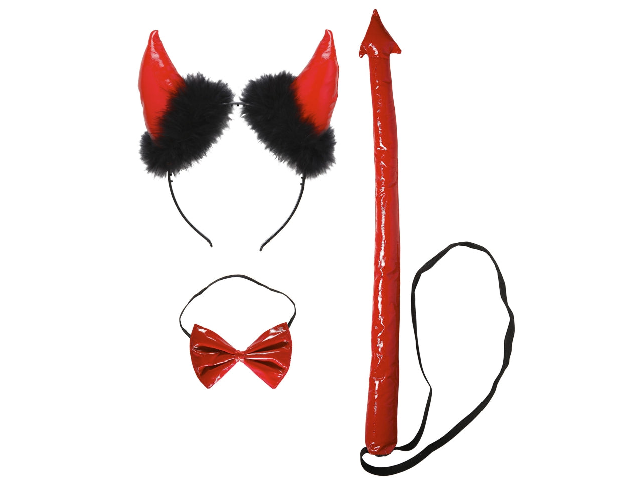 Set da diavolo rosso in vinile - il set comprende corna, farfallino e coda
