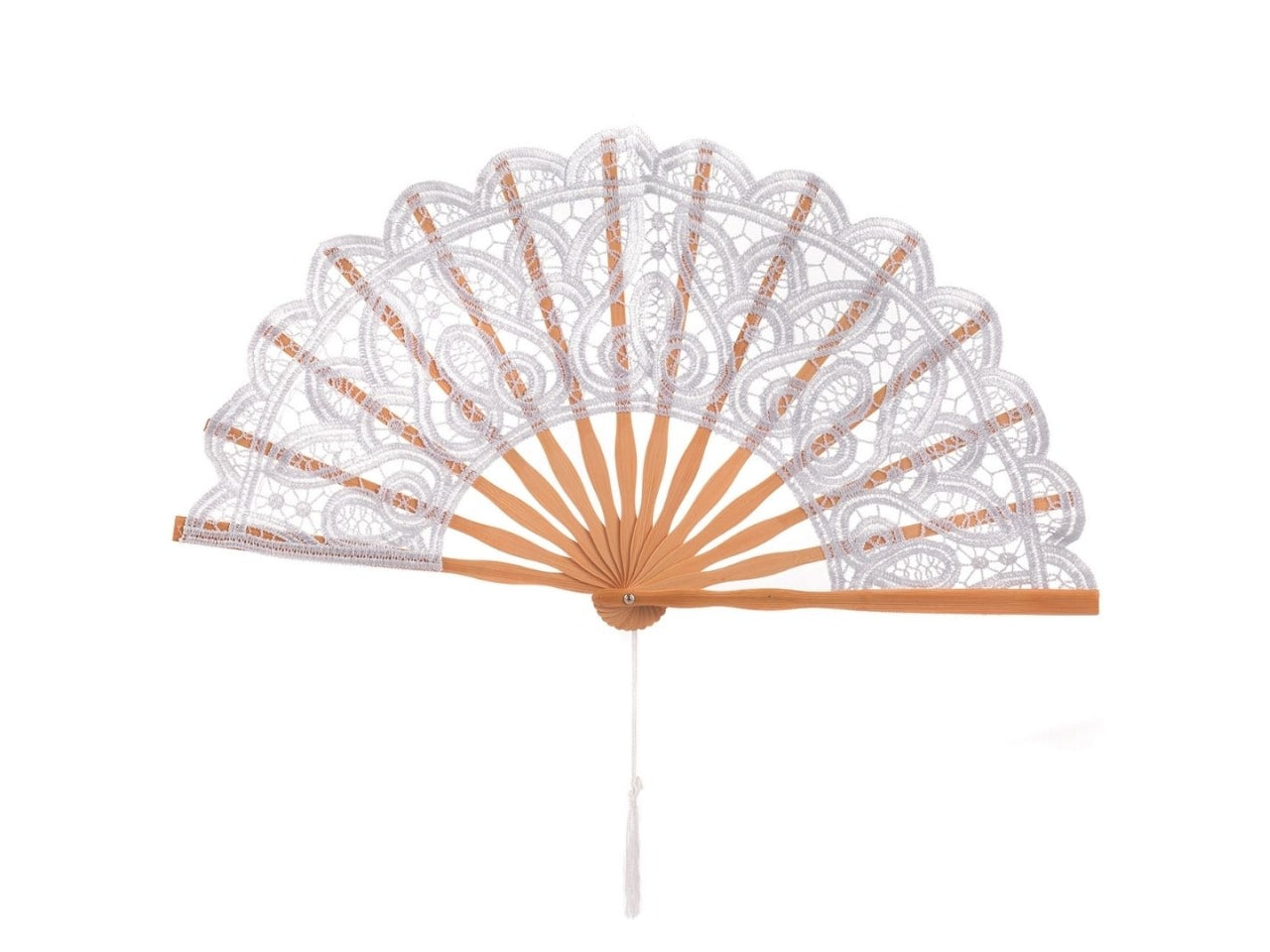 Ventaglio bianco in pizzo e legno, ideale per matrimonio - lunghezza 23cm, larghezza 41cm - Vimin box