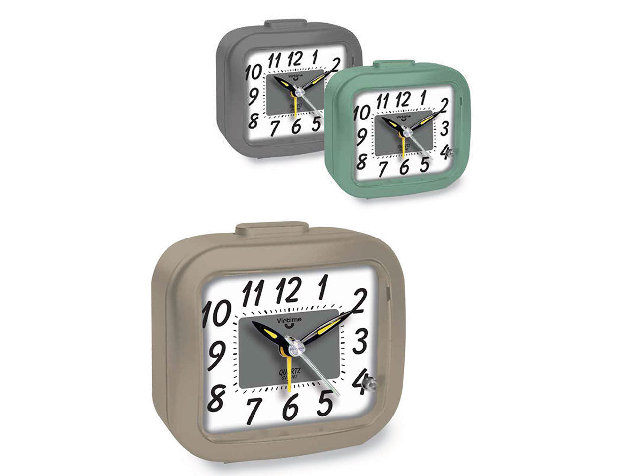 Sveglia mini al quarzo con sweep e luce in abs grigio, tortora e verde 8x7,5x3 cm