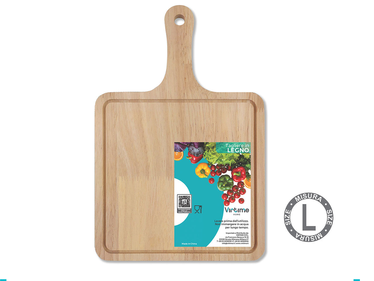 Tagliere in legno naturale quadrato con manico e scalanature laterali 39,5x29,5x1 cm - Virtime