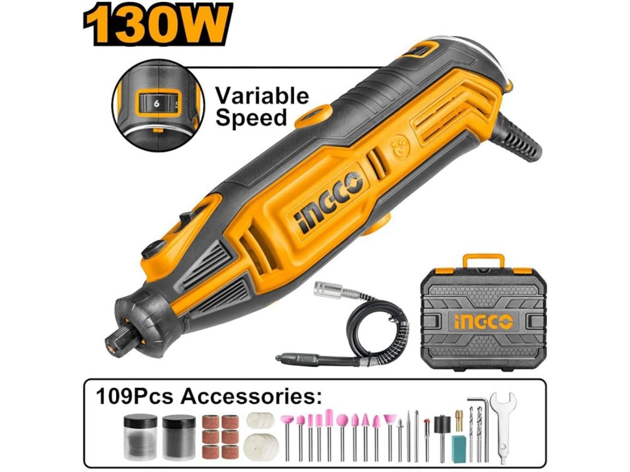Minismerigliatrice con valigetta e 109 accessori,130W, velocità variabile, Ingco