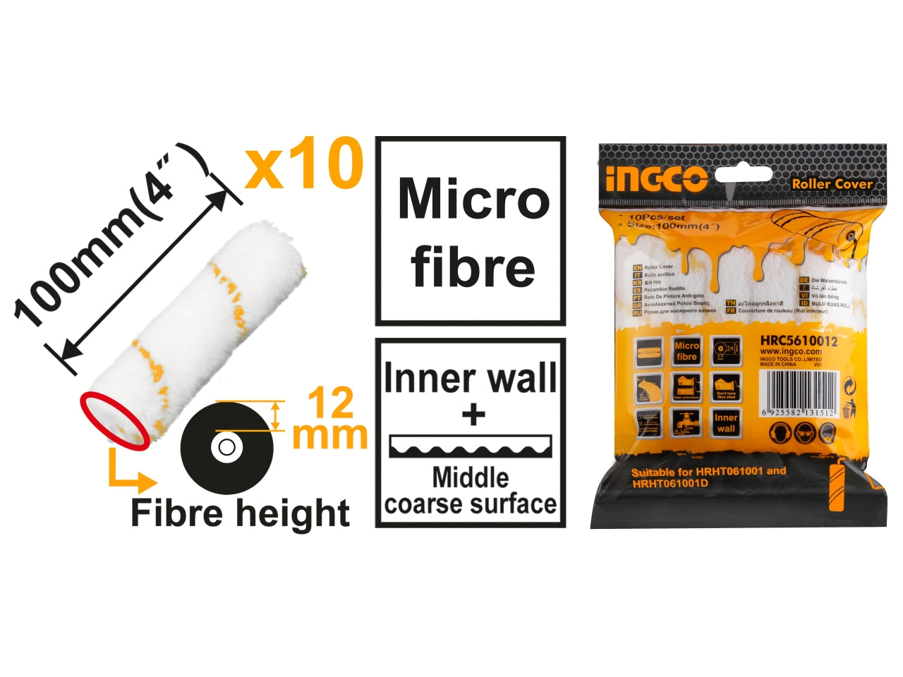 Rullo microfibra lavabile Ingco, 10cm, confezione 10 pezzi: per lavori precisi