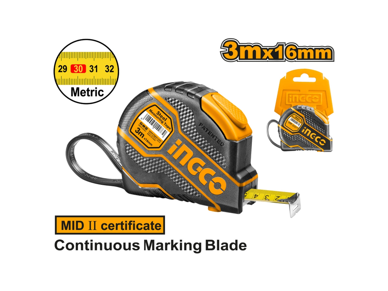 Flessometro Ingco 3m con bloccaggio a pulsante: impugnatura antiscivolo per precisione