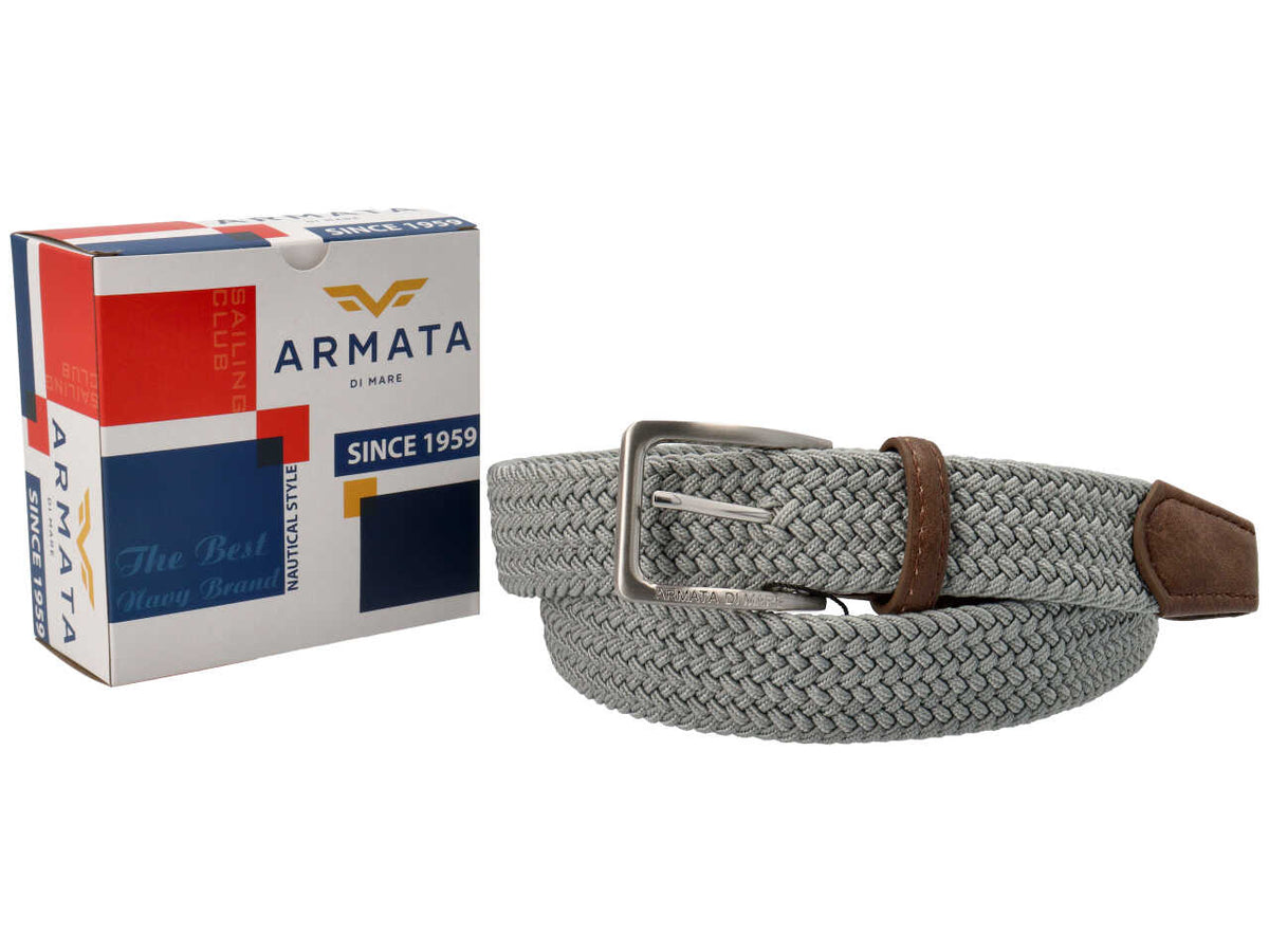 Cintura da uomo grigio in tessuto elastico 3,5 cm con fibbia in metallo argento, taglie assortite dalla 110 alla 125 - Armata di Mare