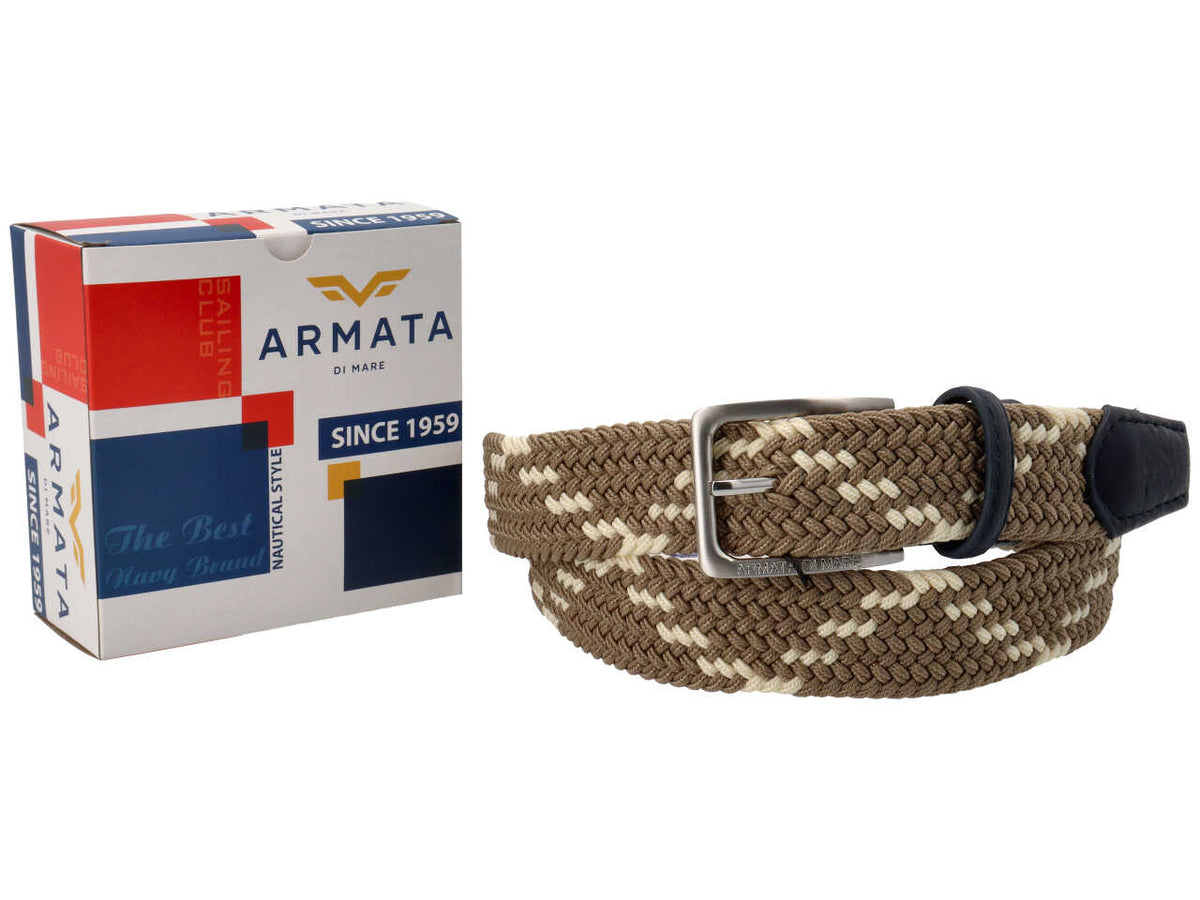 Cintura da uomo avorio e tortora in tessuto intrecciato elasticizzato 3,5 cm, taglie assortite dalla 110 alla 125, Armata di Mare