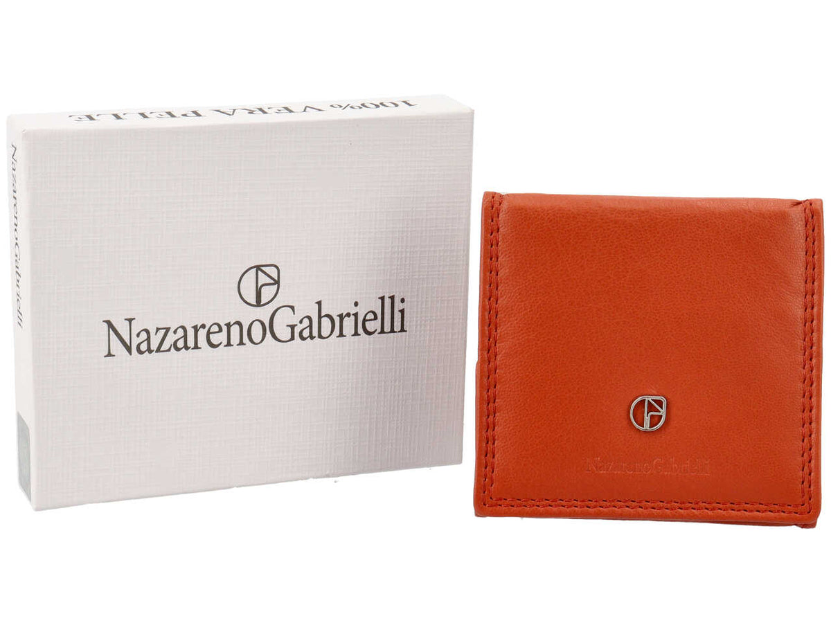 Portamonete uomo in pelle arancione con chiusura a bottone e logo a rilievo - 9x9x1,5 cm - Nazareno Gabrielli