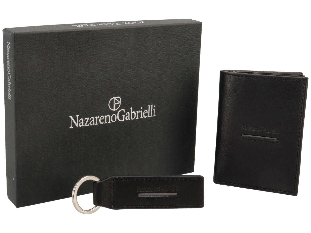 Set regalo Wampum uomo con portachiavi e porta cards in vera pelle nera 12,5x10x2 cm