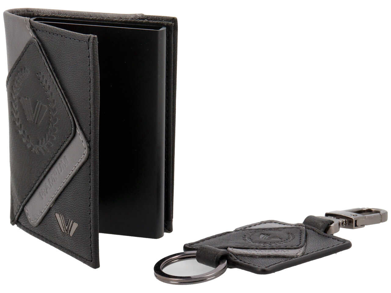 Set regalo Wampum uomo con portachiavi e porta cards in vera pelle nera 12,5x10x2 cm