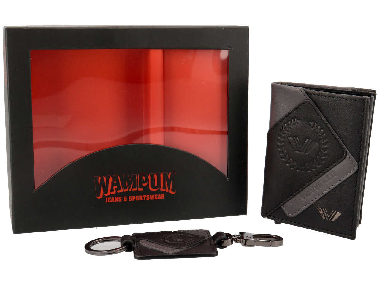 Set regalo Wampum uomo con portachiavi e porta cards in vera pelle nera 12,5x10x2 cm