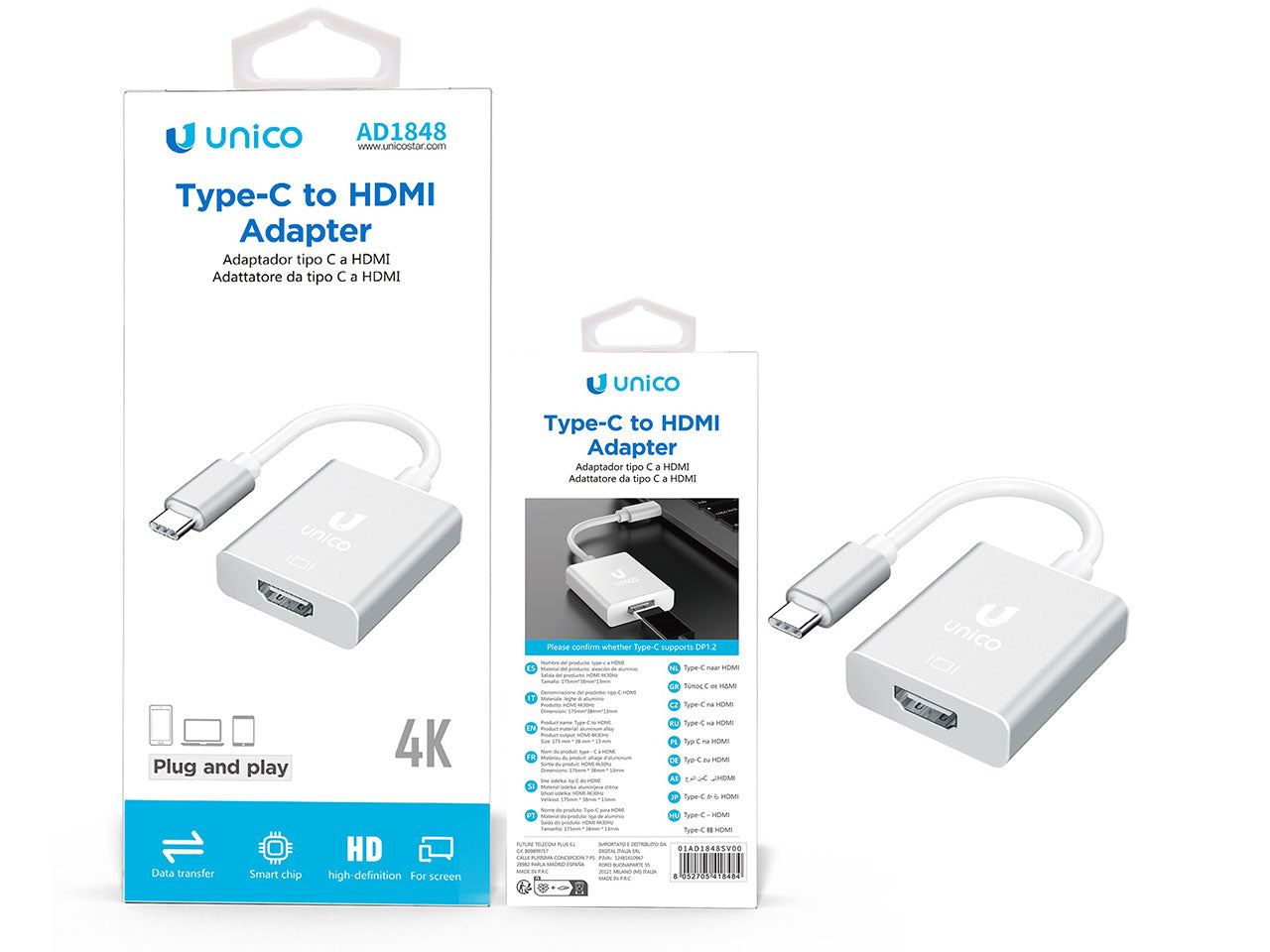 Cavo adattatore, AD1848, tipo C a HDMI argentato - in lega di alluminio - lunghezza 175 mm - Unico