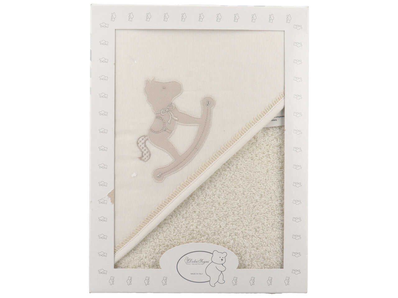 Accappatoio triangolo neonato in cotone panna con cavallo a dondolo 70x75 cm - Dolci sogni