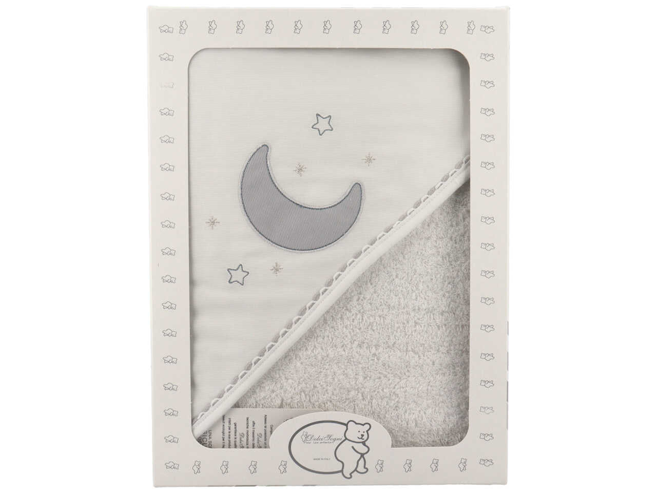 Accappatoio triangolo neonato in cotone bianco e grigio con luna e stelle 70x75 cm - Dolci sogni