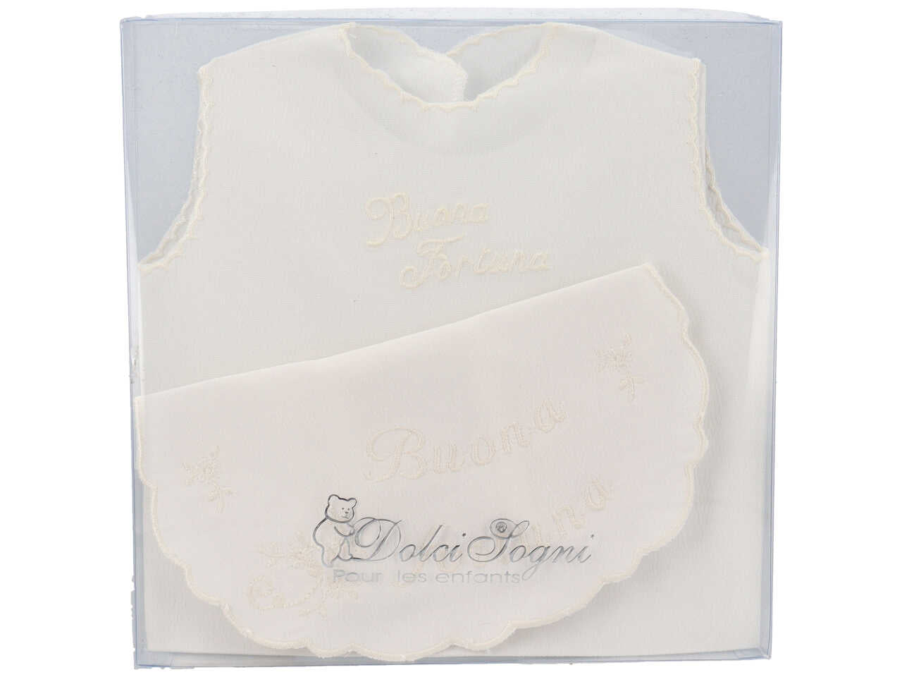 Camicina della fortuna e bavetta per neonati in seta color panna - Dolci Sogni