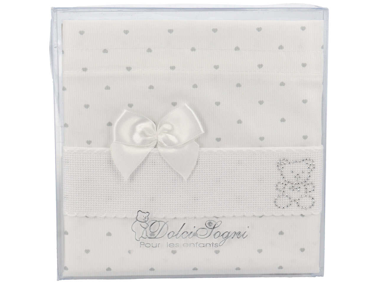 Sacco nascita per neonati in cotone bianco e grigio con fascia personalizzabile 43x34 cm