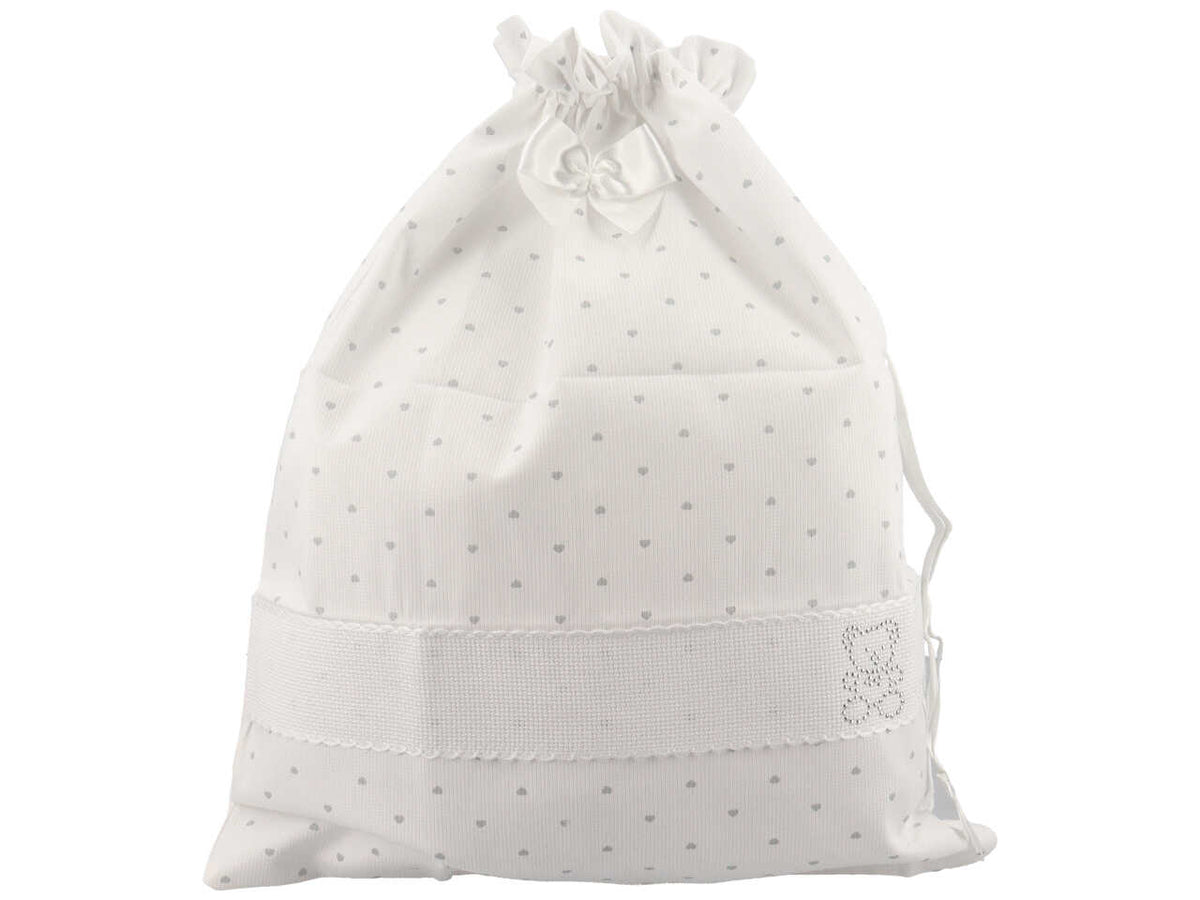 Sacco nascita per neonati in cotone bianco e grigio con fascia personalizzabile 43x34 cm