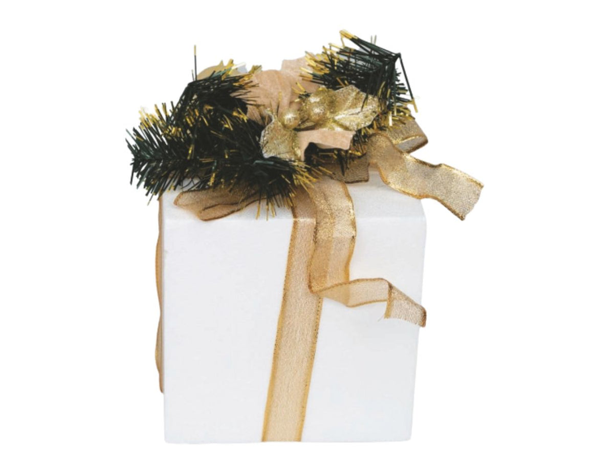 Pacco regalo in polistirolo cm.8 bianco decorato con fiocco, sfere oro