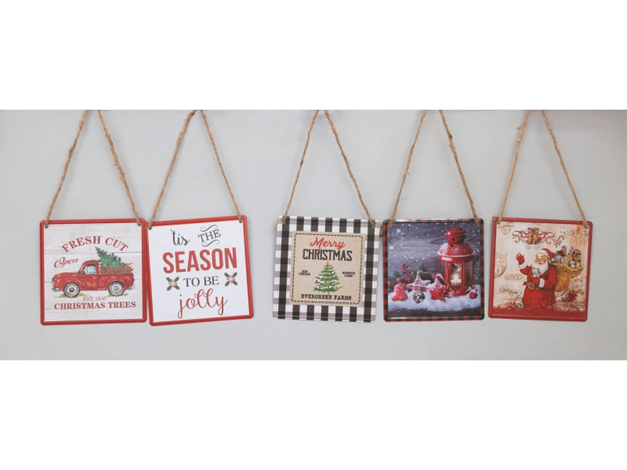 Quadretto 12,5cm in latta con corda in 5 modelli assortiti