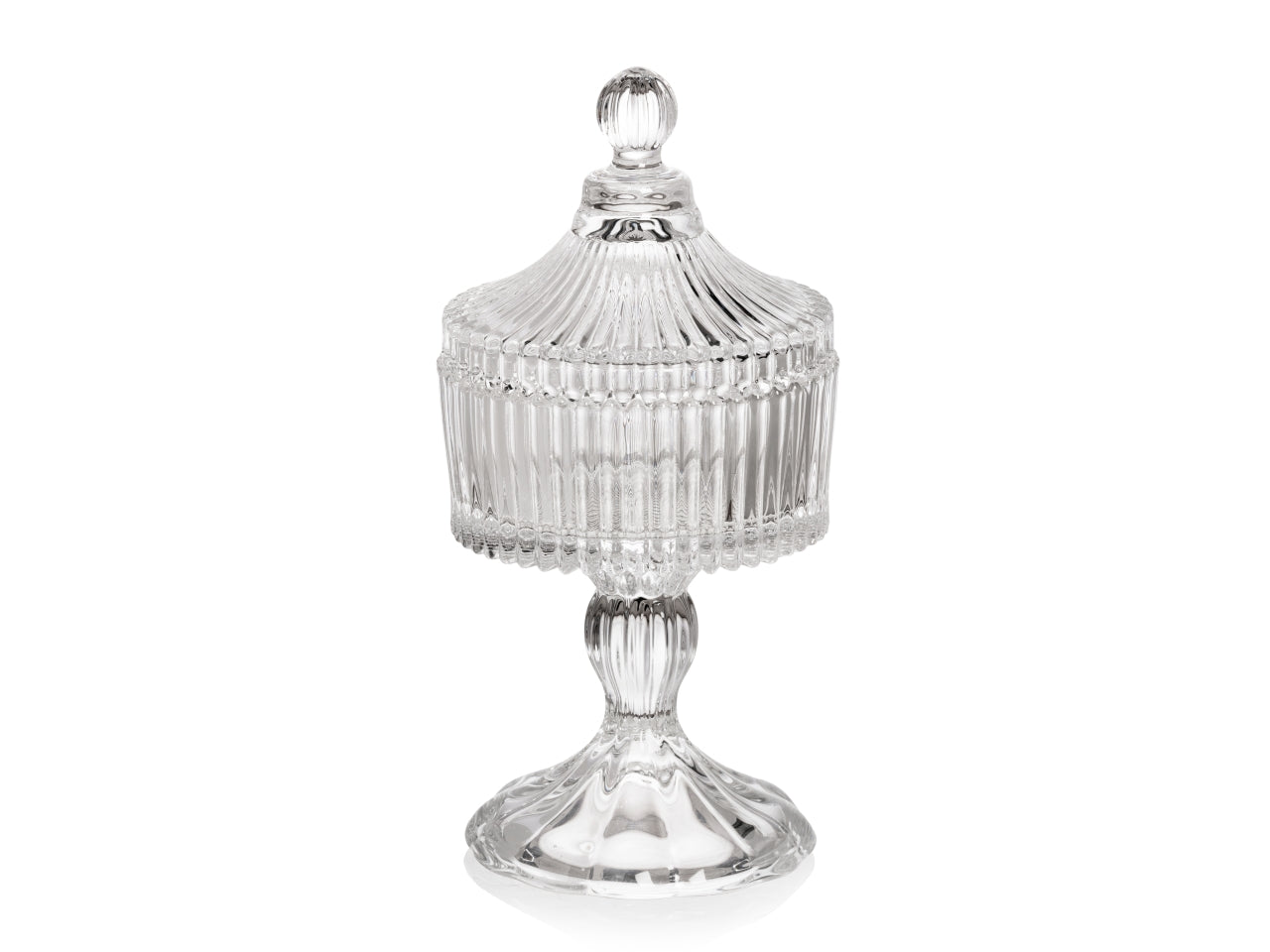 Coppa potiche con coperchio e alzata, in vetro trasparente, decoro a rilievo, radius, stile classico h.18xd.9,5 cm