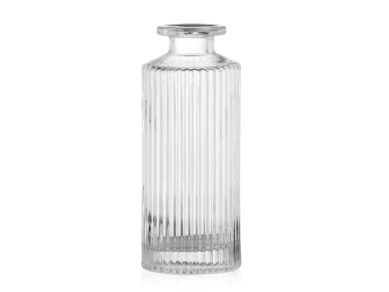 Vaso bottiglia decorativa in vetro trasparente forma cilindrica con lavorazione a rilievo 5,5x13,3 cm - Franco