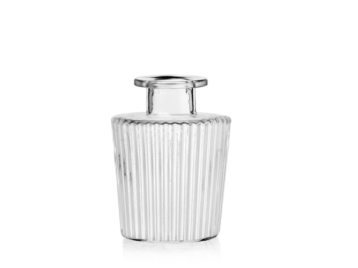 Vaso bottiglia decorativa in vetro trasparente forma cilindrica con lavorazione a rilievo 7x10 cm