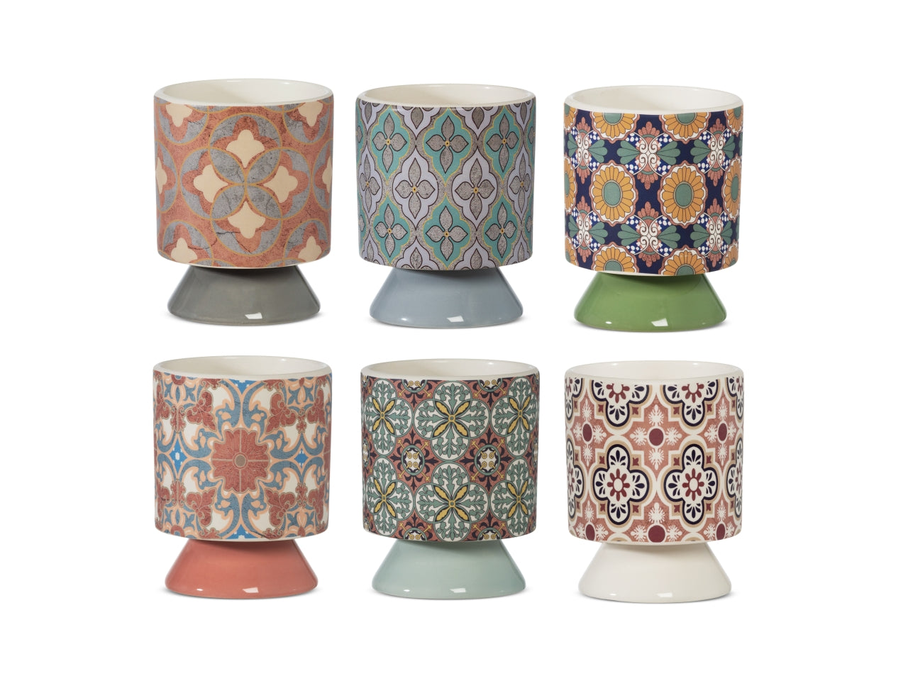 Cachepot vintage in ceramica multicolor forma cilindrica con fantasia geometrica/floreale 12,2x15 cm