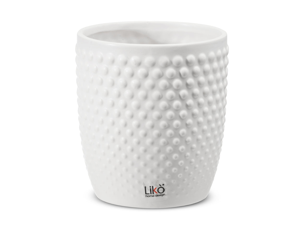 Cachepot portavaso moderno in ceramica opaca bianco, forma cilindrica con pois a rilievo, d.13xh.14,2 cm - Likò