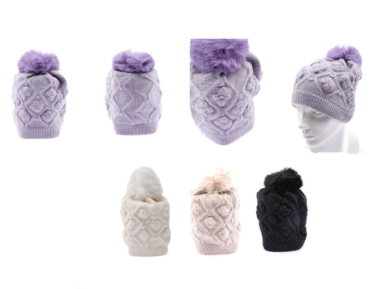 Cappello con pon pon nei colori lilla, beige, bianco e nero$