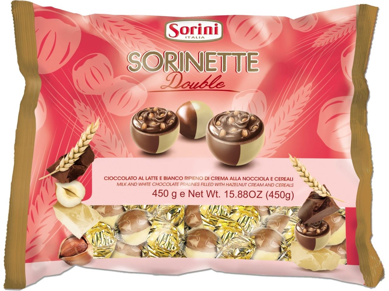 Sorini sorinette double 450gr cioccolato al latte e bianco ripieno di crema alla nocciola e cereali