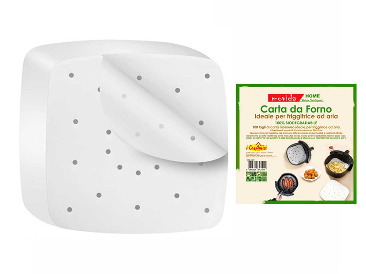 Movida carta da forno quadrata per friggitrice ad aria misura 22x22cm 100% biodegradabile - la confezione contiene 100 fogli