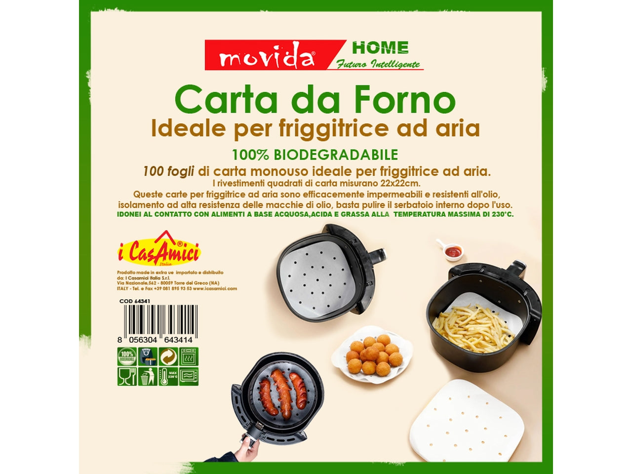 Movida carta da forno quadrata per friggitrice ad aria misura 22x22cm 100% biodegradabile - la confezione contiene 100 fogli
