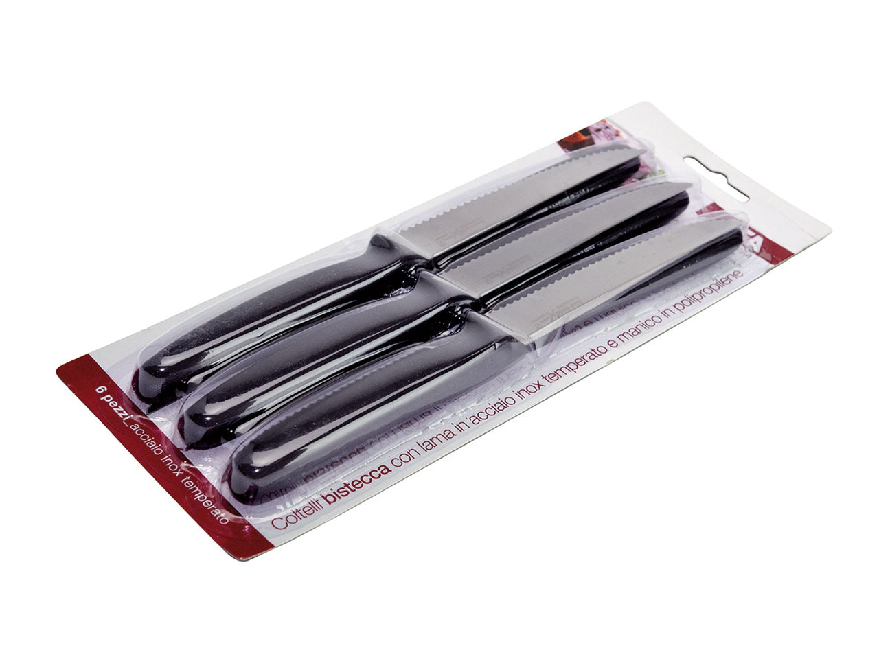 Blister di 6 coltelli bistecca linea tuttixuno con lama in acciaio inox temperato e manico in polipropilene