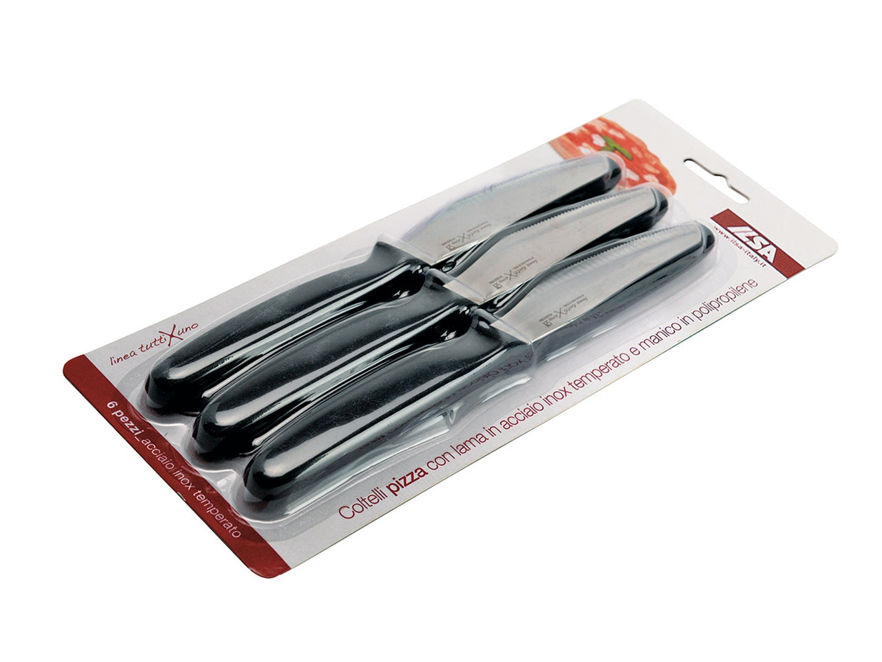 Blister di 6 coltelli pizza linea tuttixuno con lama in acciaio inox temperato e manico in polipropilene