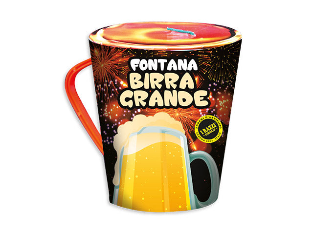 Fontana birra grande effetto fontana con crisantemi verdi, rossi, blu, stelle viola e bianche con crackling finale argento