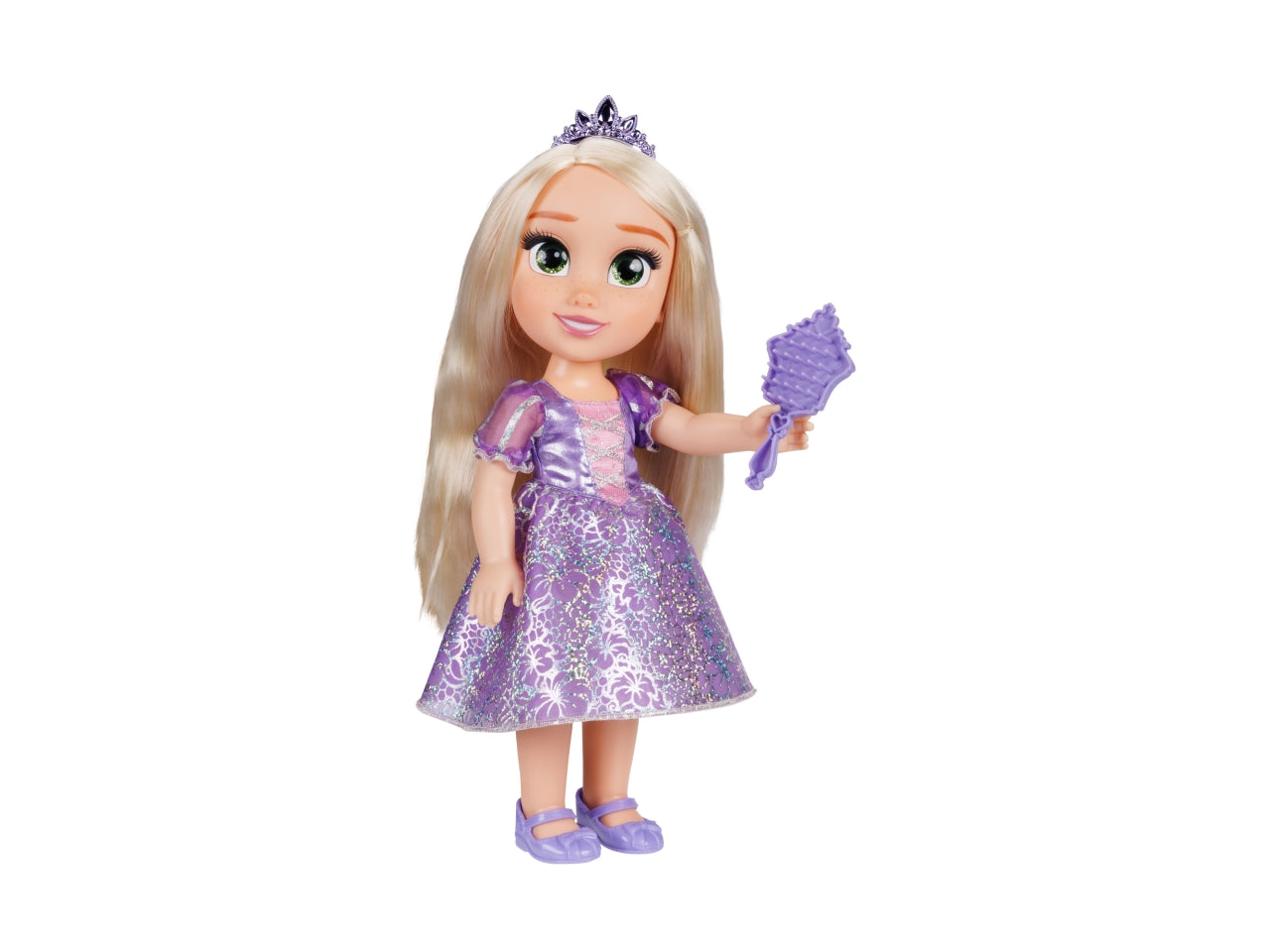 Bambola Disney Princess 38 cm di Rapunzel, con i Suoi Abiti Iconici Arricchiti da Dettagli Glitterati, Tiara Scintillante e Scarpette Coordinate, i Suoi Occhi Brillano | Jakks Pacific