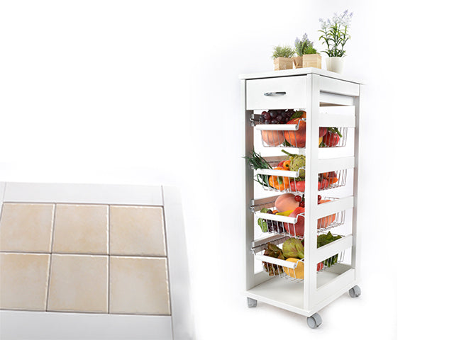 Carrello Porta Frutta e Verdura con cassetto portapane 29,5x37 h 83 in Legno, carrello da cucina con ripiano multiuso 100% Made in Italy. (Bianco)