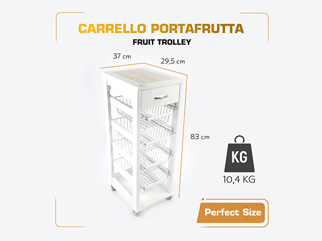 Carrello Porta Frutta e Verdura con cassetto portapane 29,5x37 h 83 in Legno, carrello da cucina con ripiano multiuso 100% Made in Italy. (Bianco)