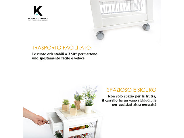 Carrello Porta Frutta e Verdura con cassetto portapane 29,5x37 h 83 in Legno, carrello da cucina con ripiano multiuso 100% Made in Italy. (Bianco)