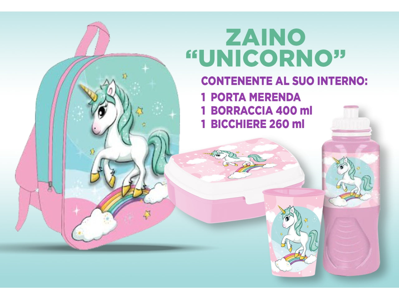 Zaino asilo unicorno bambina basic rosa e verde con accessori 30x26x10 cm - Real Trade Italia