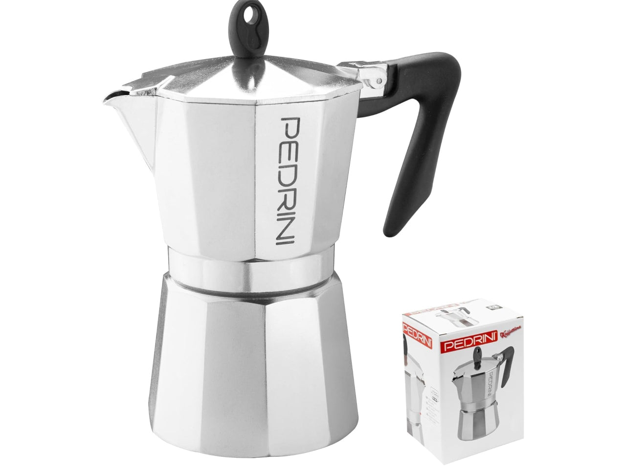 Caffettiera per 1/2 tazze in alluminio brillantato con manico nero in box