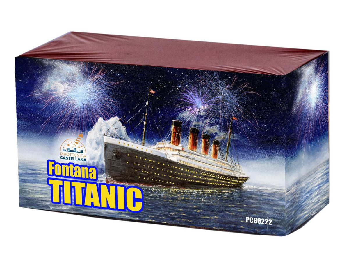 Fontana titanic effetto 4 fontane argento con stelle rosso, verde, giallo e blu piu' crisantemo bianco e cracker misura l.235xla.110xh.130mm - la confezione comprende 1 fontana
