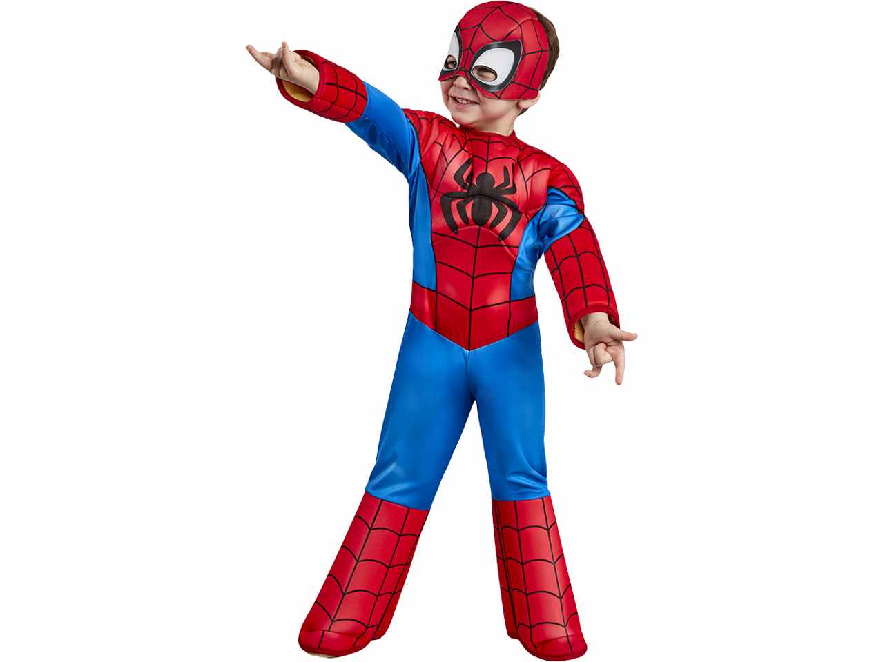 Costume baby Spiderman, composto da tuta imbottita, copristivali e maschera in tessuto taglia XS 2-3anni